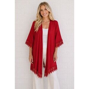 NWT Per Seption Concepts Large Cool Red Open Tunic Jacket Ornate Lace Trim